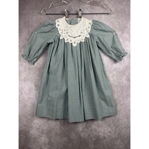 Vtg Peaches n Cream Dress Girls 2T Long Gingham‎ Dress Lace Collar Long Sleeve